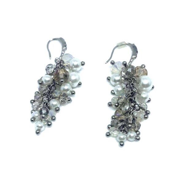 Faceted Crystal Beaded Faux Pearl Cluster Dangle Earring Silver Tone - Picture 2 of 4
